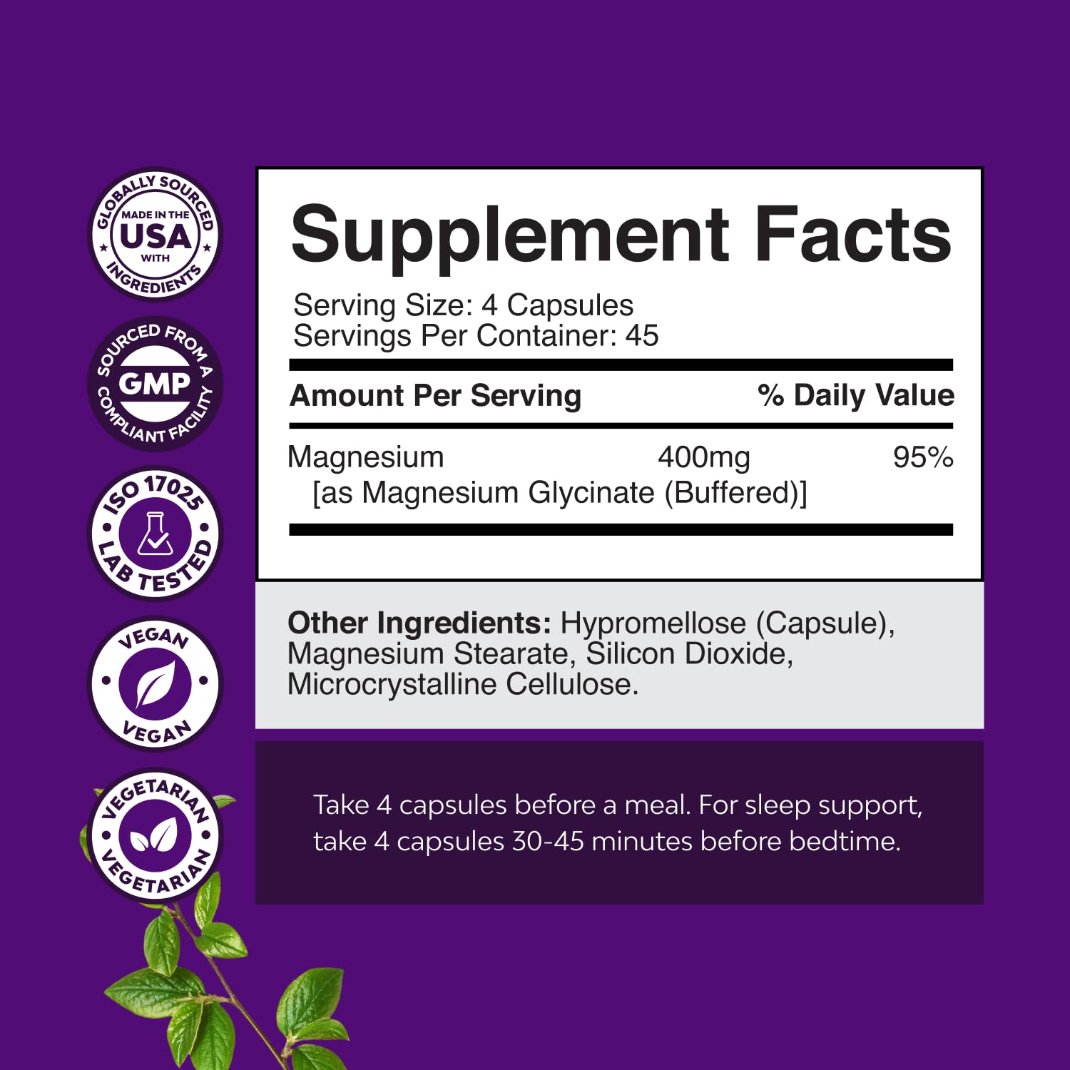 Natures Craft bouteille Magnésium Glycinate 400 mg, vegan et haute absorption.