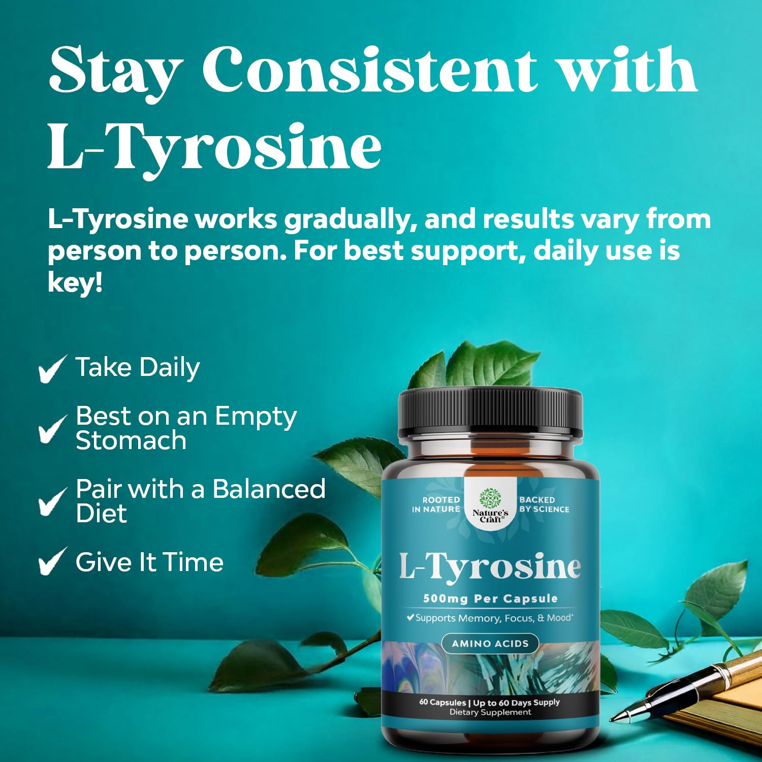 Natures Craft L-Tyrosine 500mg, capsules visibles, prise quotidienne et concentration.