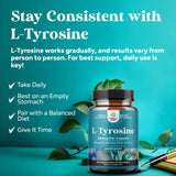 Natures Craft L-Tyrosine 500mg, capsules visibles, prise quotidienne et concentration.