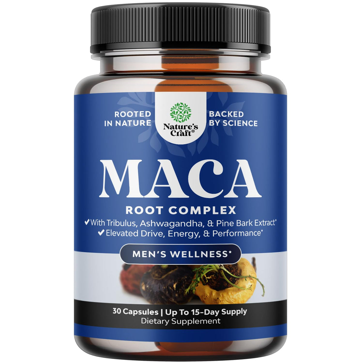 Capsules Nature's Craft Maca Noire pour énergie et bien-être quotidiens.