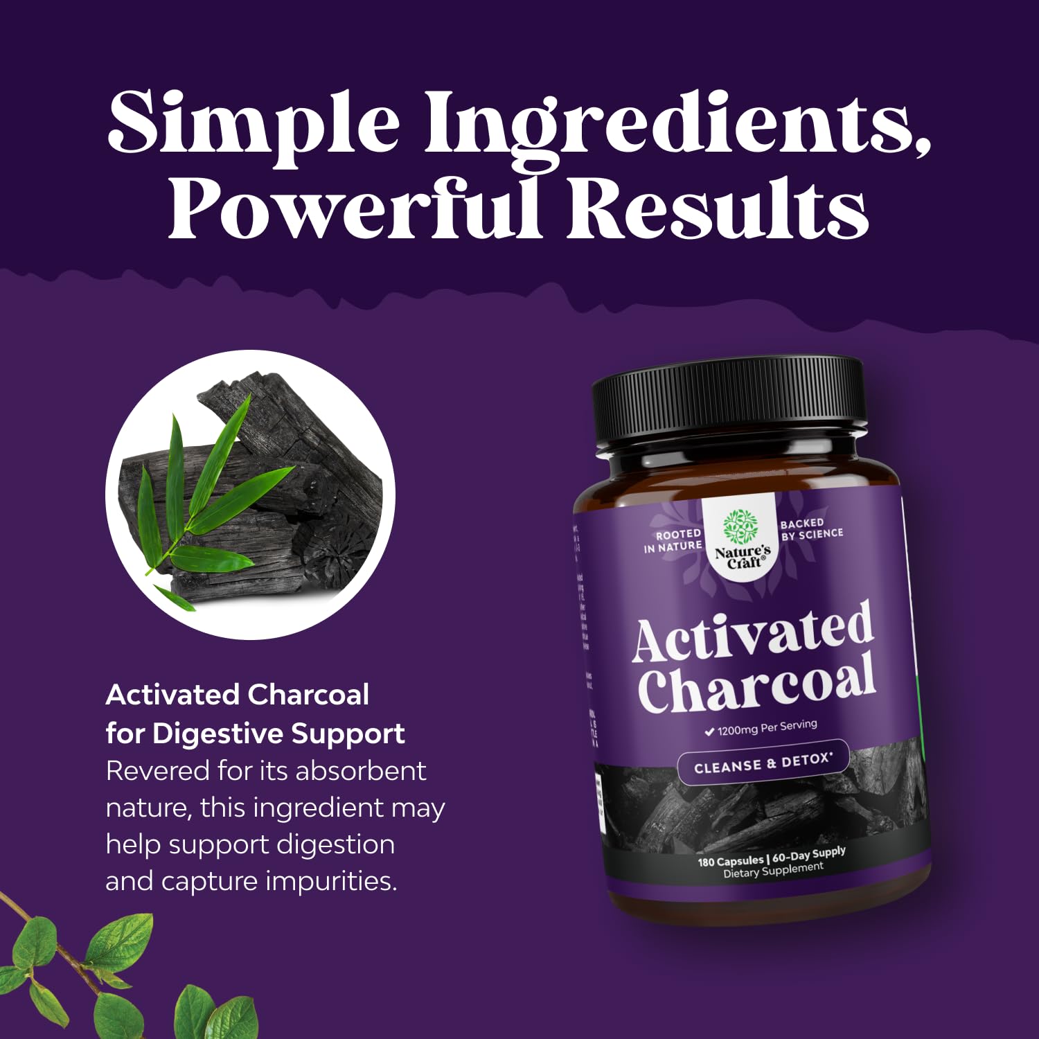 Étiquette Natures Craft Charbon Actif avec informations nutritionnelles claires