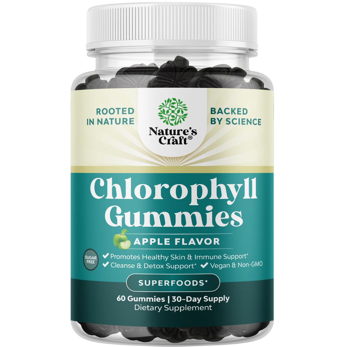 Gummies chlorophylle Natures Craft - bouteille, soutien detox et fraîcheur intérieure.