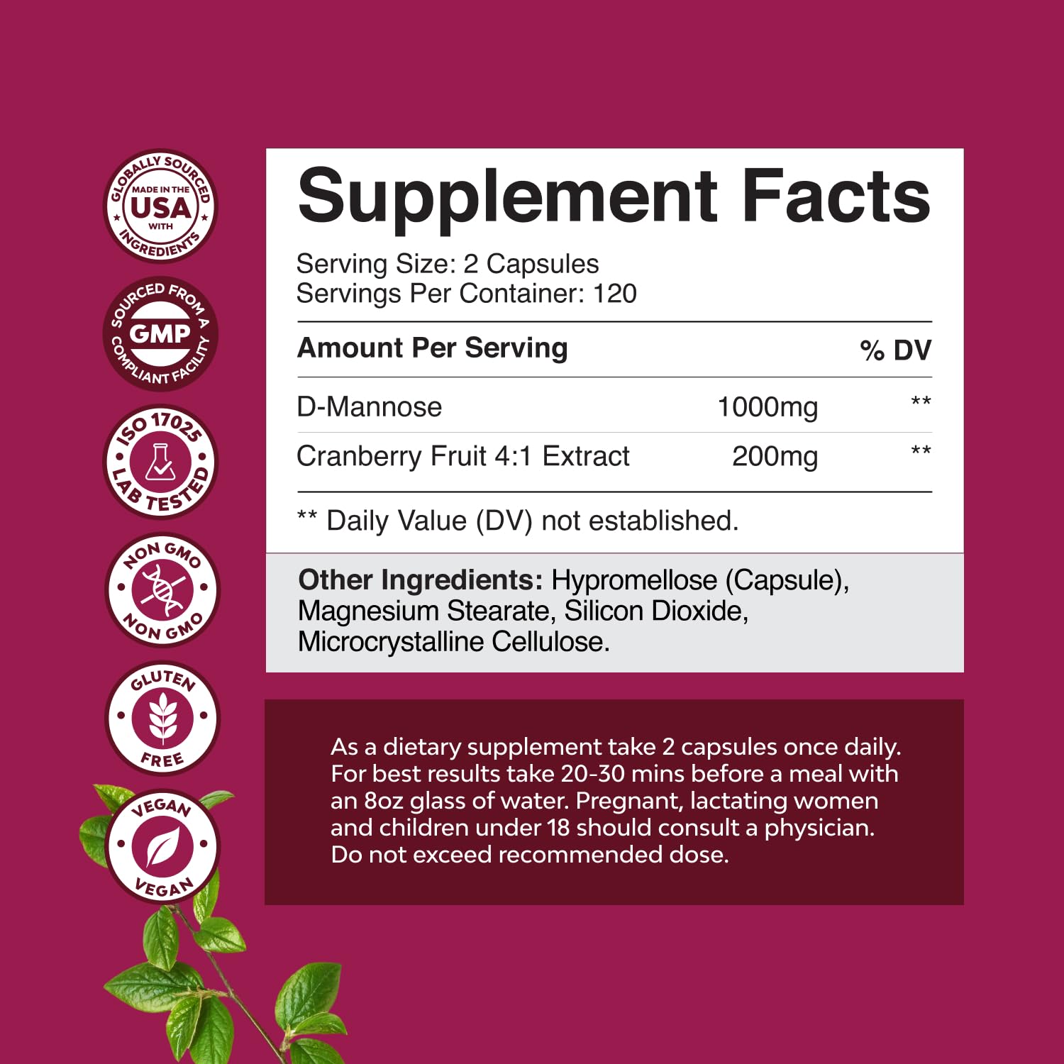 Capsules D-Mannose Cranberry en gros plan, usage quotidien possible