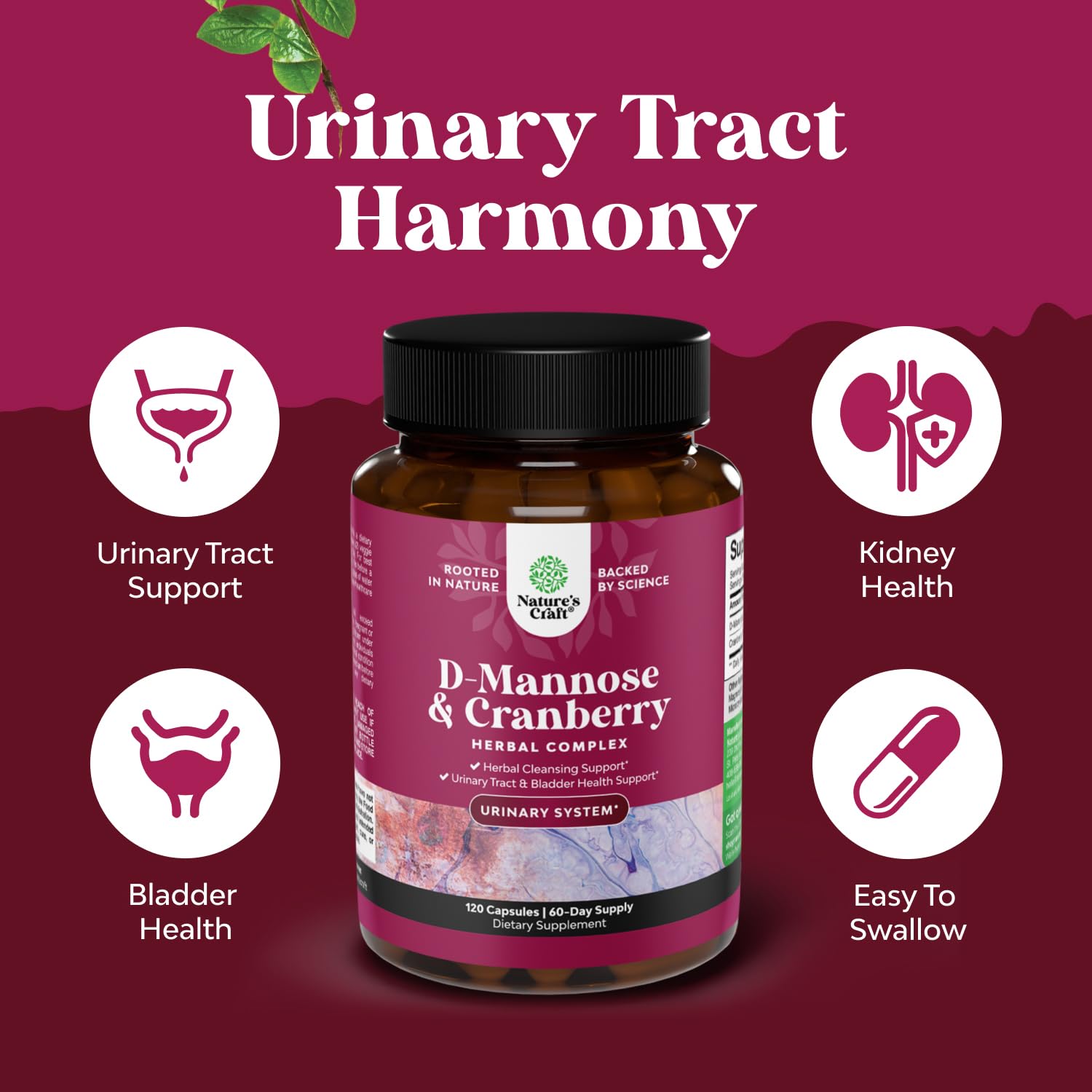 Natures Craft D Mannose avec Cranberry, gélules 1000 mg, association peut favoriser une circulation urinaire saine.