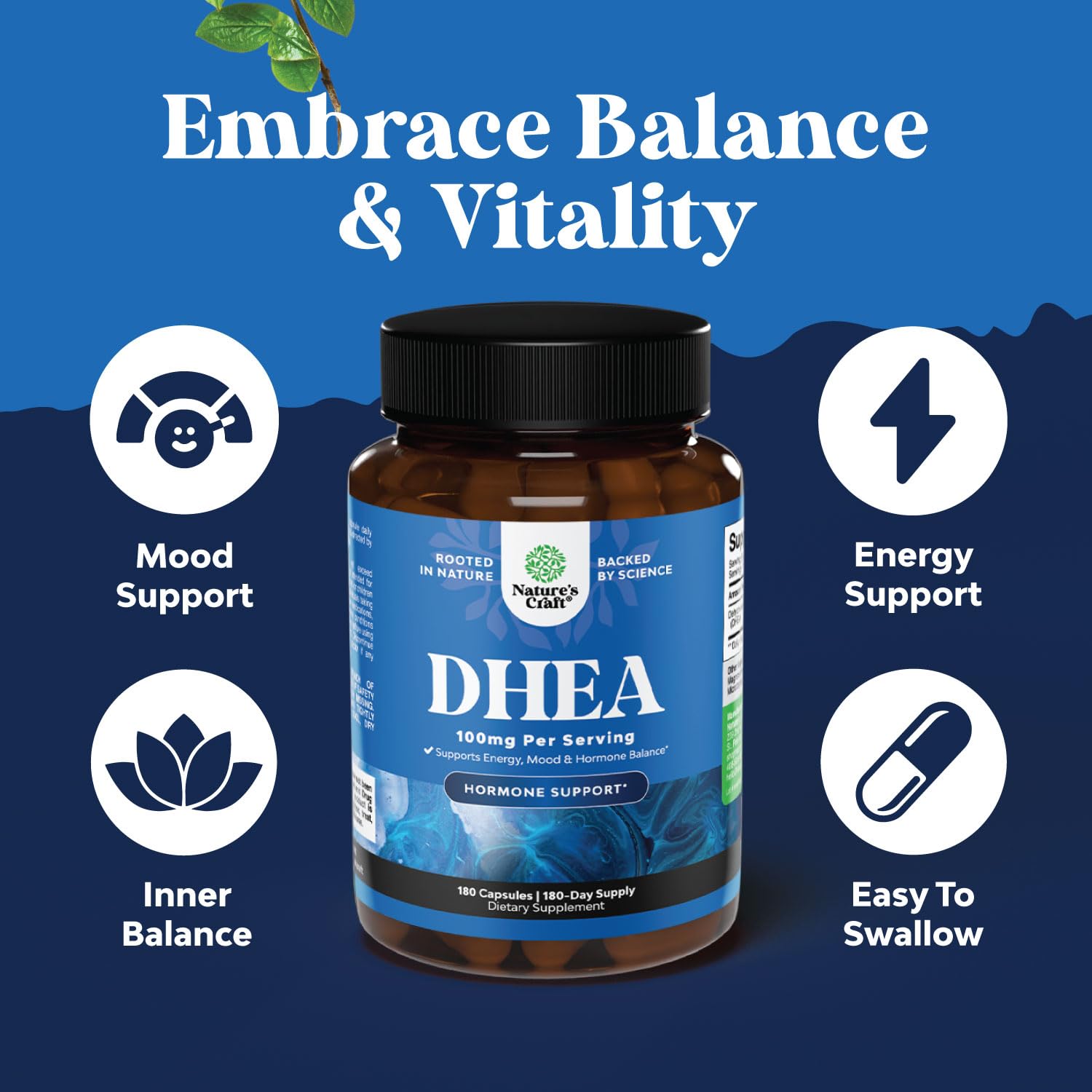 Bouteille-capsules DHEA Natures Craft, dosage clair pour l'usage quotidien.