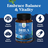 Bouteille-capsules DHEA Natures Craft, dosage clair pour l'usage quotidien.