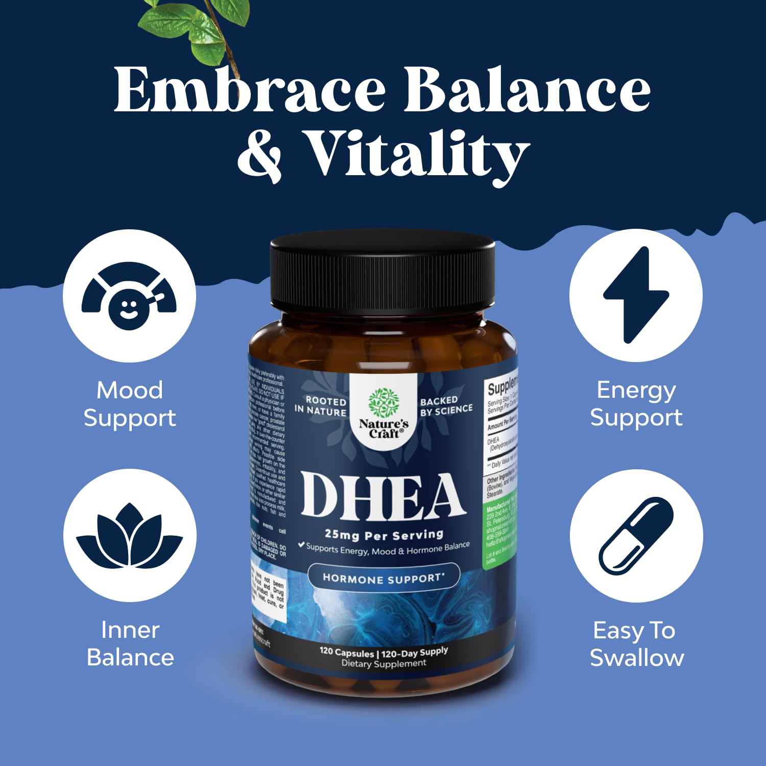 Natures Craft DHEA 25mg — Capsules faciles à intégrer dans la routine journalière.
