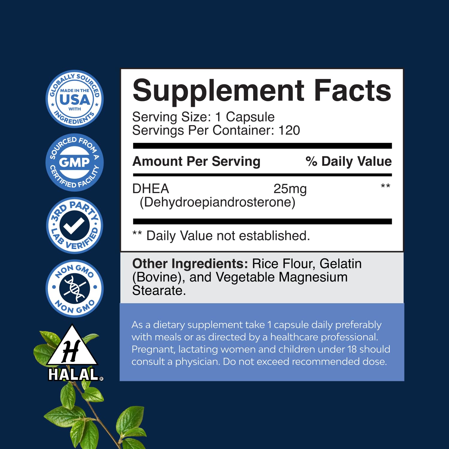 Natures Craft DHEA 25mg — Étiquette agrandie clarifiant la composition et les conseils d'utilisation.
