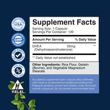 Natures Craft DHEA 25mg — Étiquette agrandie clarifiant la composition et les conseils d'utilisation.