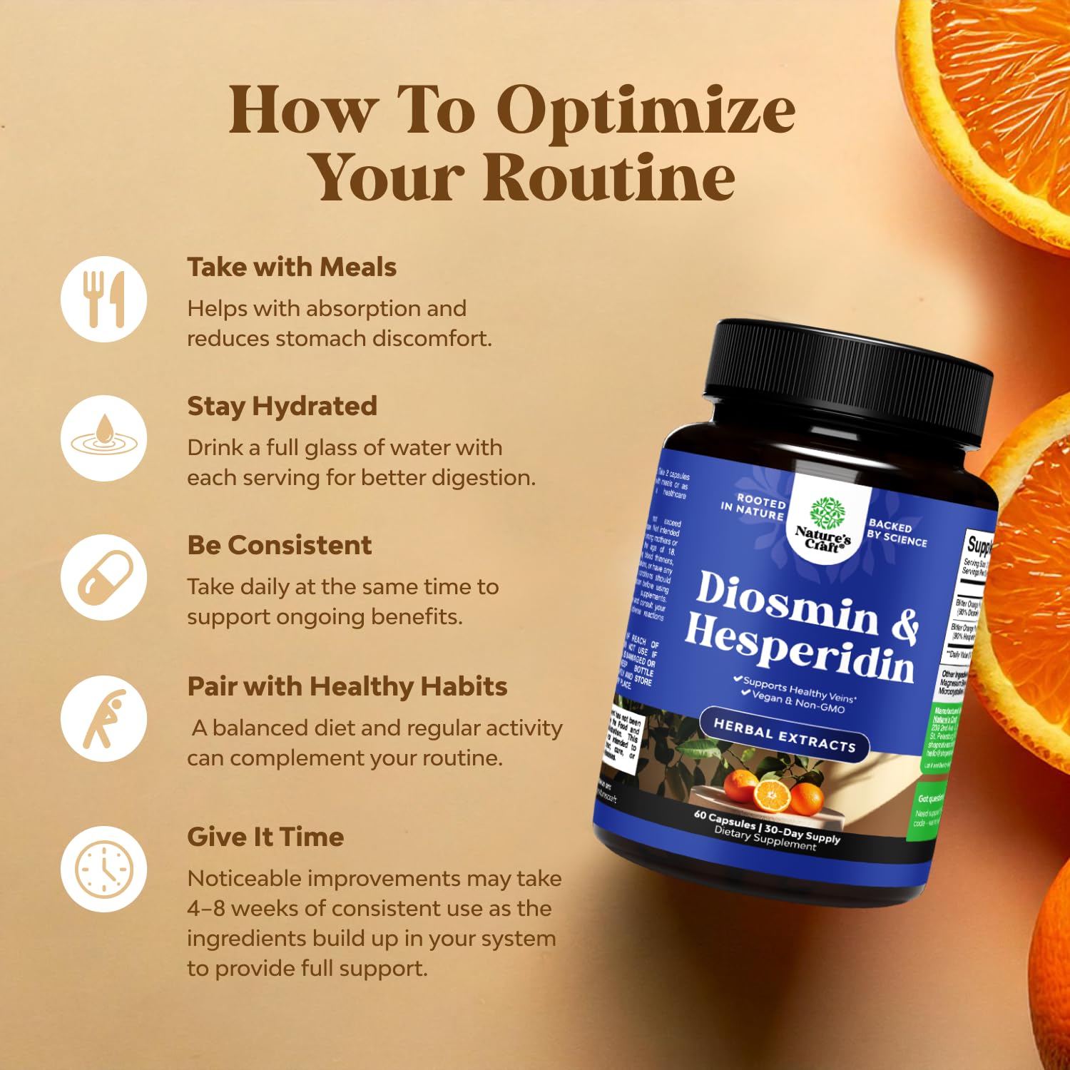 Natures Craft Diosmine Hespéridine 1000 mg – Étiquette affichant le dosage et les informations.