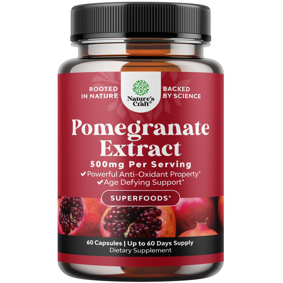 Natures Craft extrait grenade capsules - bouteille ouverte, énergie naturelle potentielle.