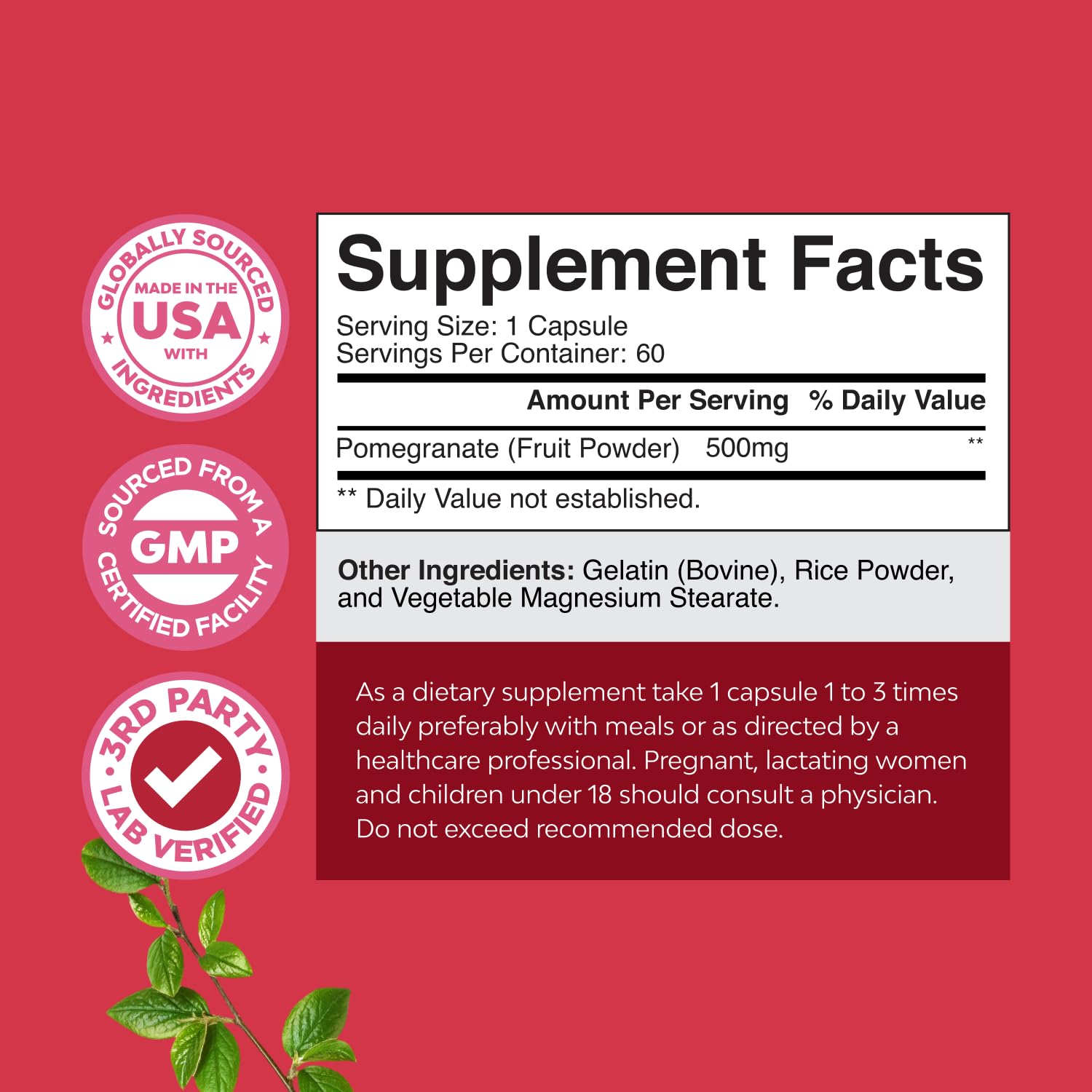 Natures Craft extrait grenade capsules - etiquette du produit, antioxydant potentiel pour le cœur.