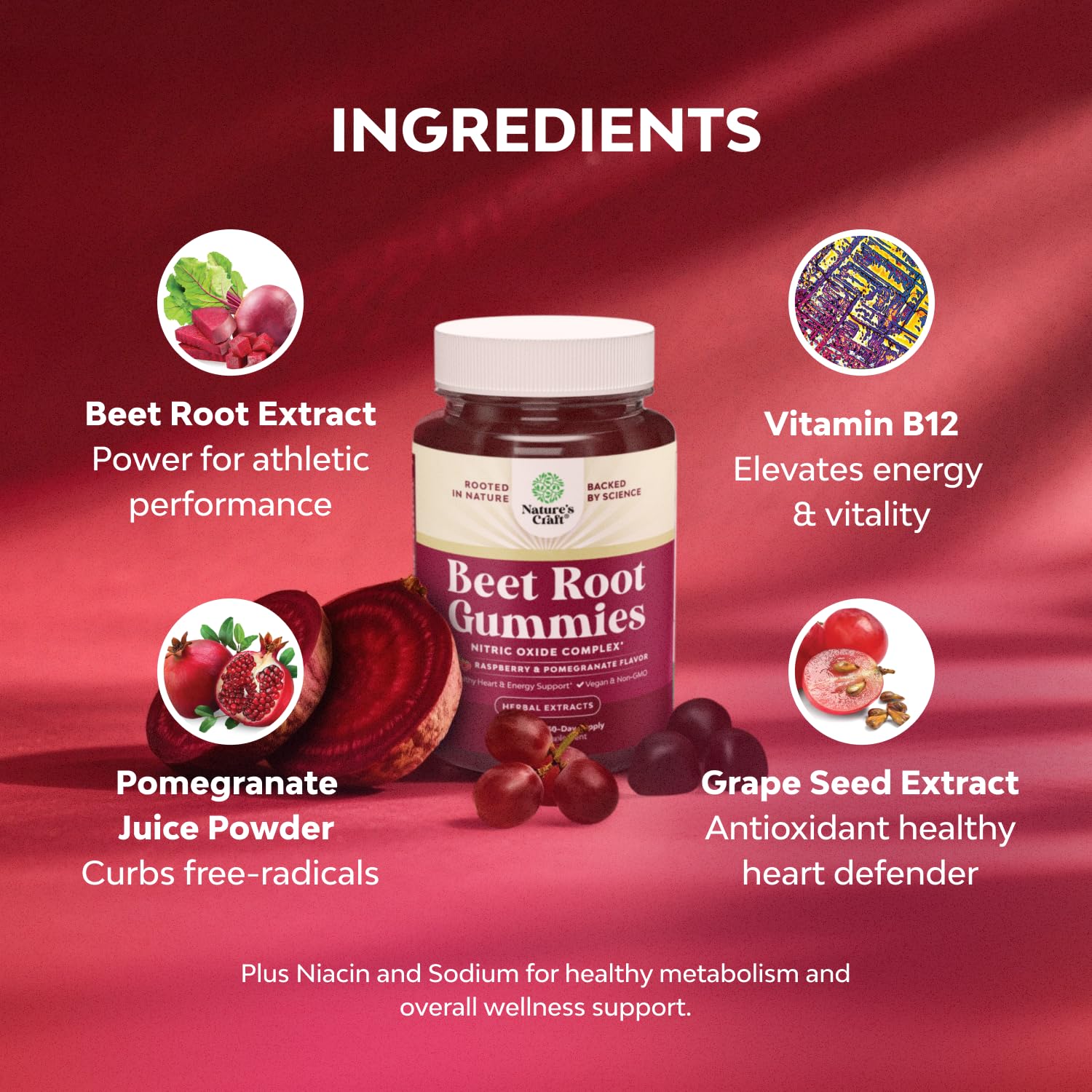 Natures Craft Flow Boosting Beet Root Gummies grenade et raisins: association pour vitamine B12 et énergie.