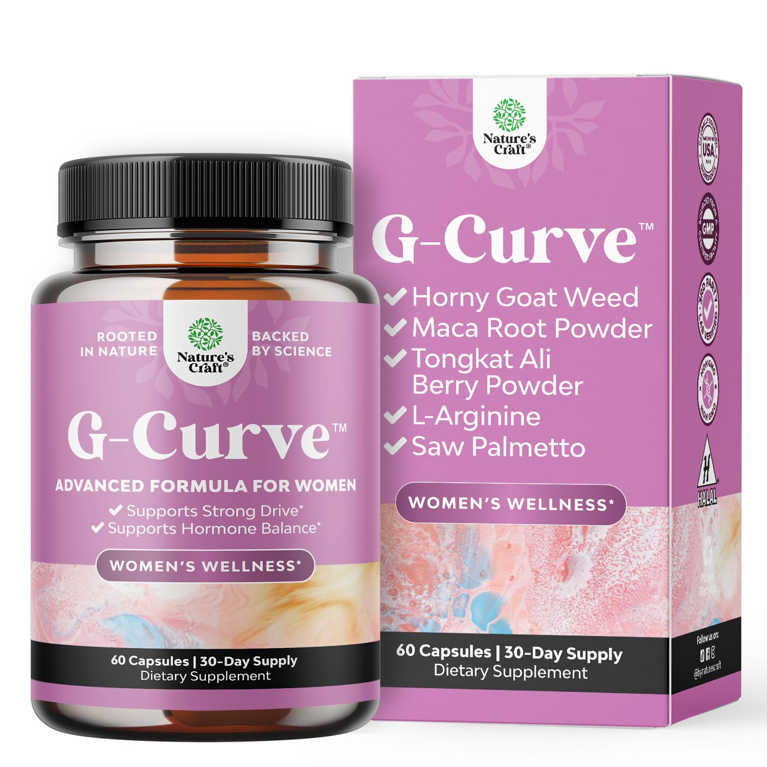 Natures Craft G-Curve, bouteille et emballage, soutien potentiel des courbes.