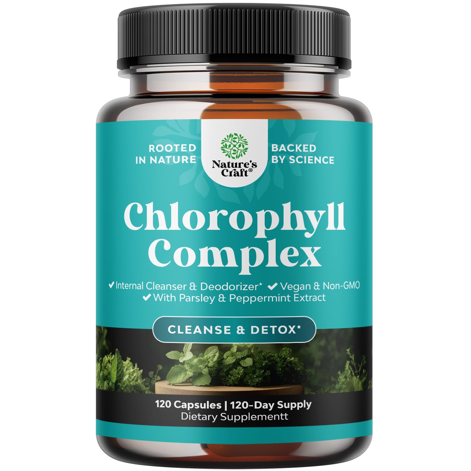 Gélules chlorophylle Natures Craft dans la bouteille, soutien quotidien et fraîcheur.