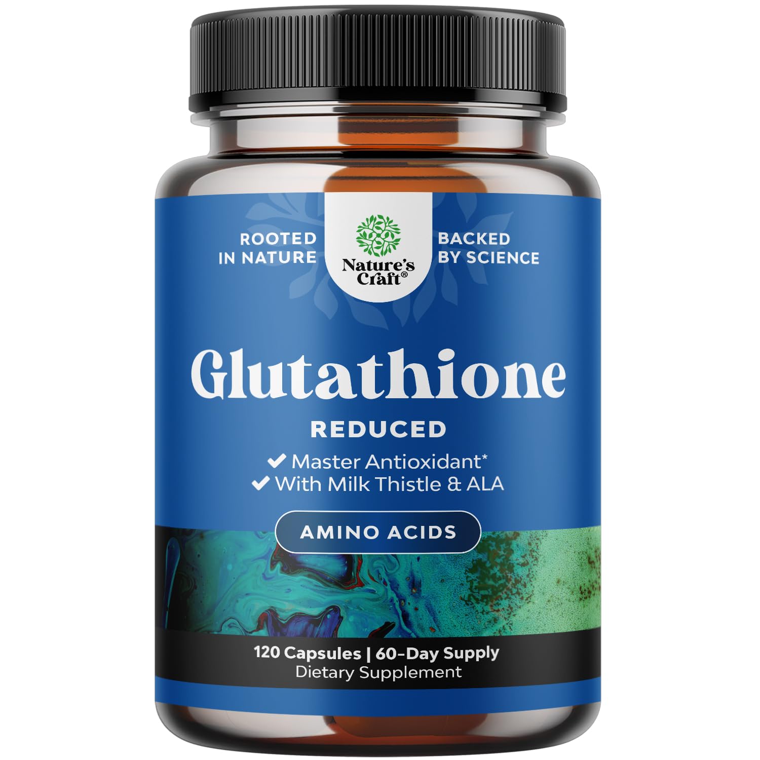 Natures Craft glutathione et chardon-Marie – capsules lumineuses pour peau éclatante et soutien du foie.