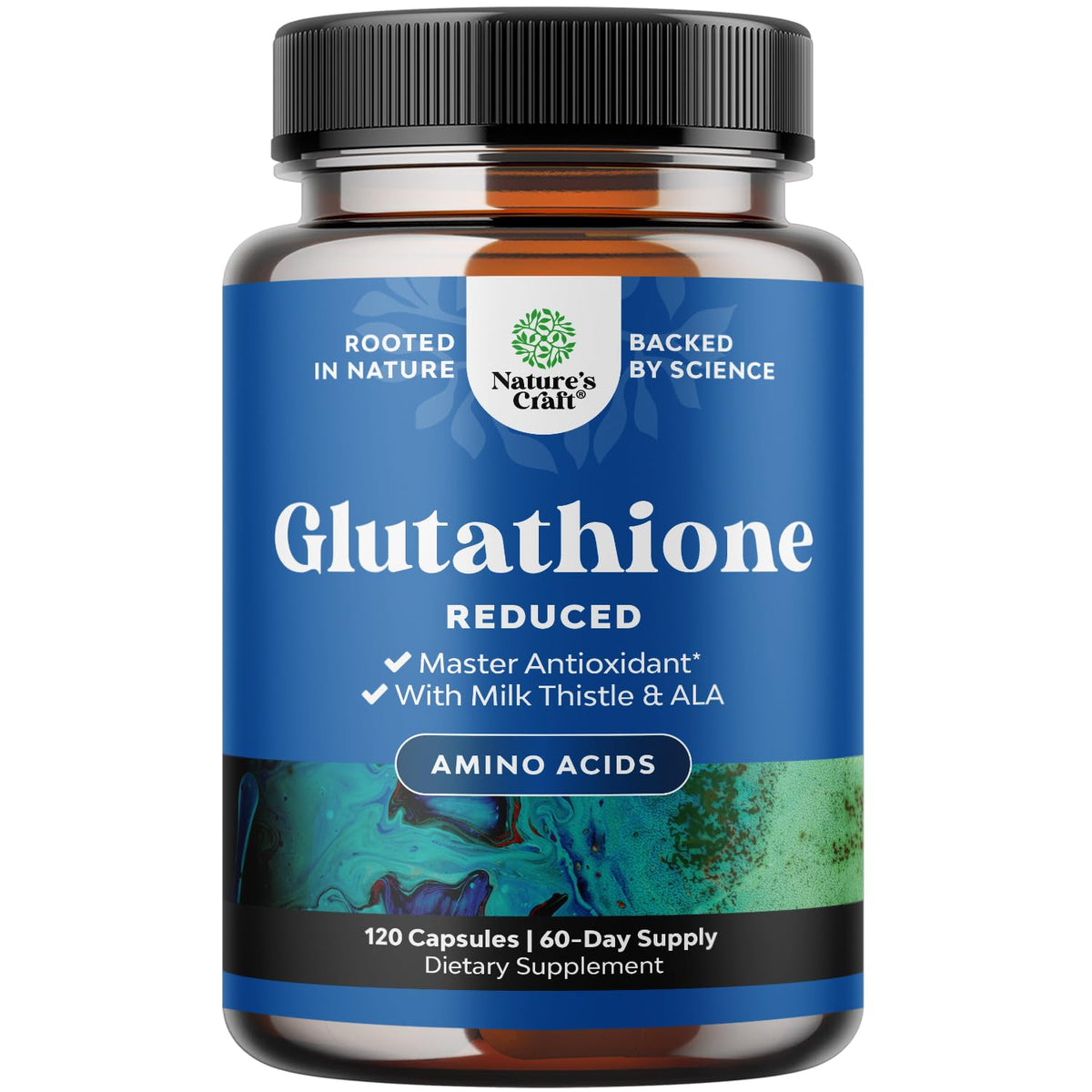 Natures Craft glutathione et chardon-Marie – capsules lumineuses pour peau éclatante et soutien du foie.