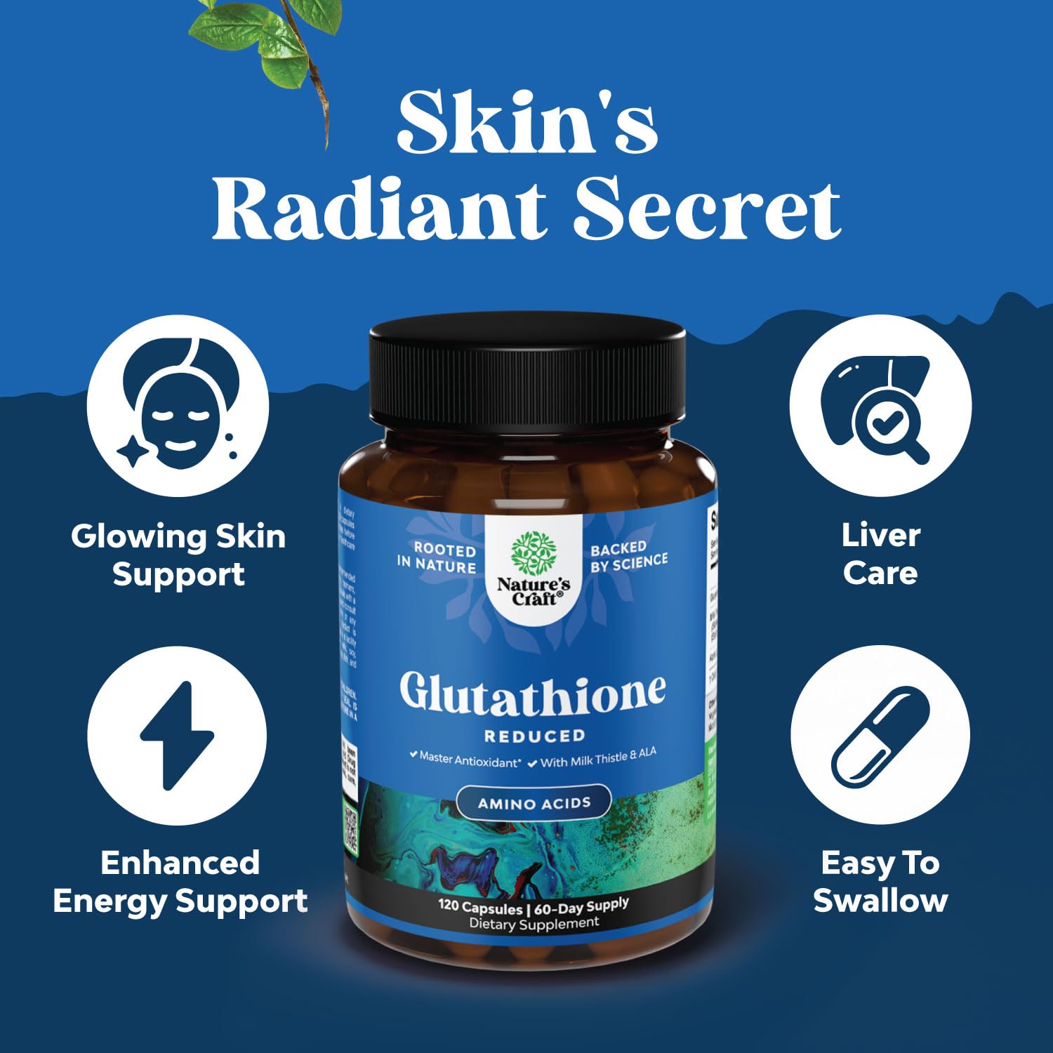Gélules compactes de Natures Craft glutathione et chardon-Marie – format pratique.