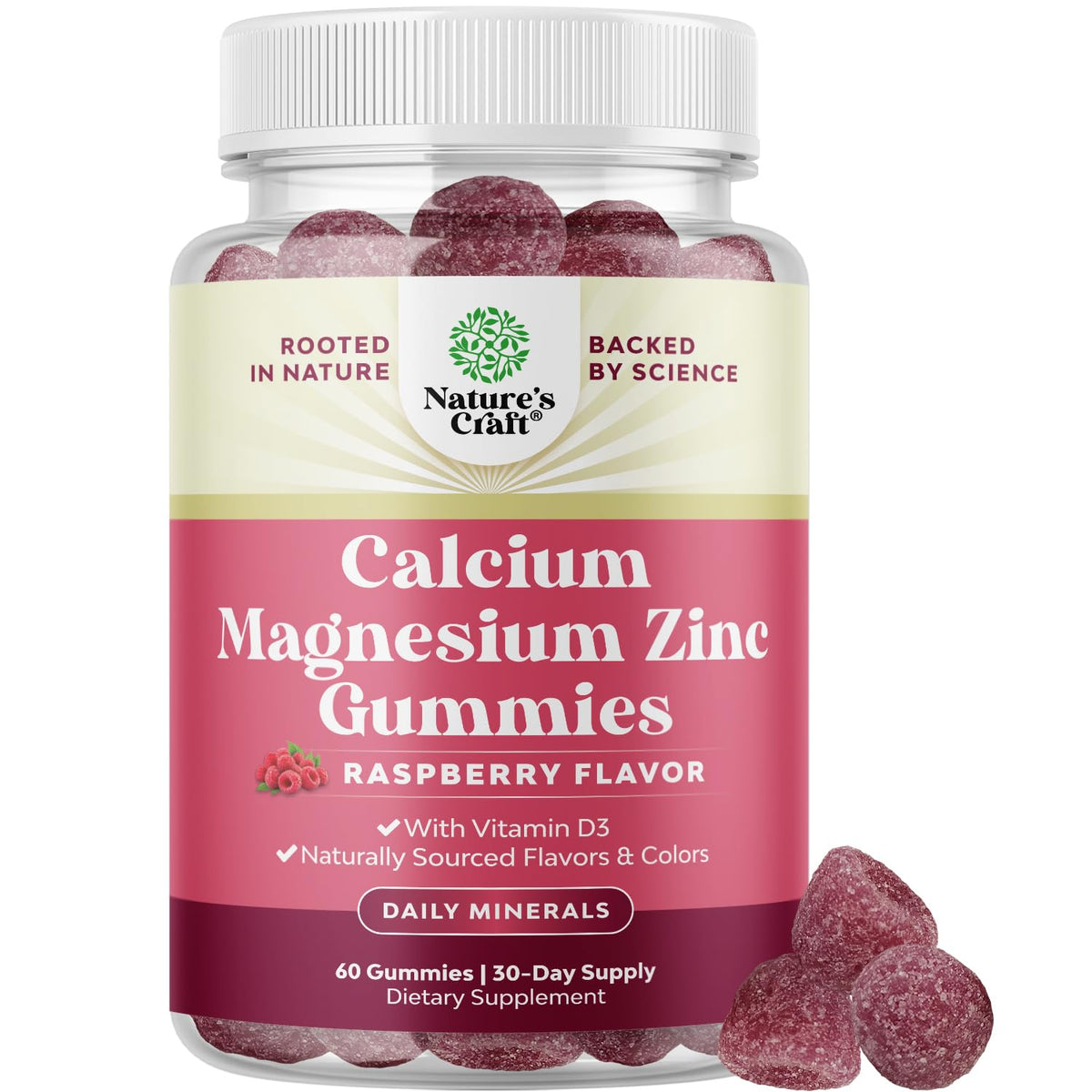 Gommes Calcium Magnésium Zinc de Natures Craft dans une bouteille, soutien potentiel des os et dents.
