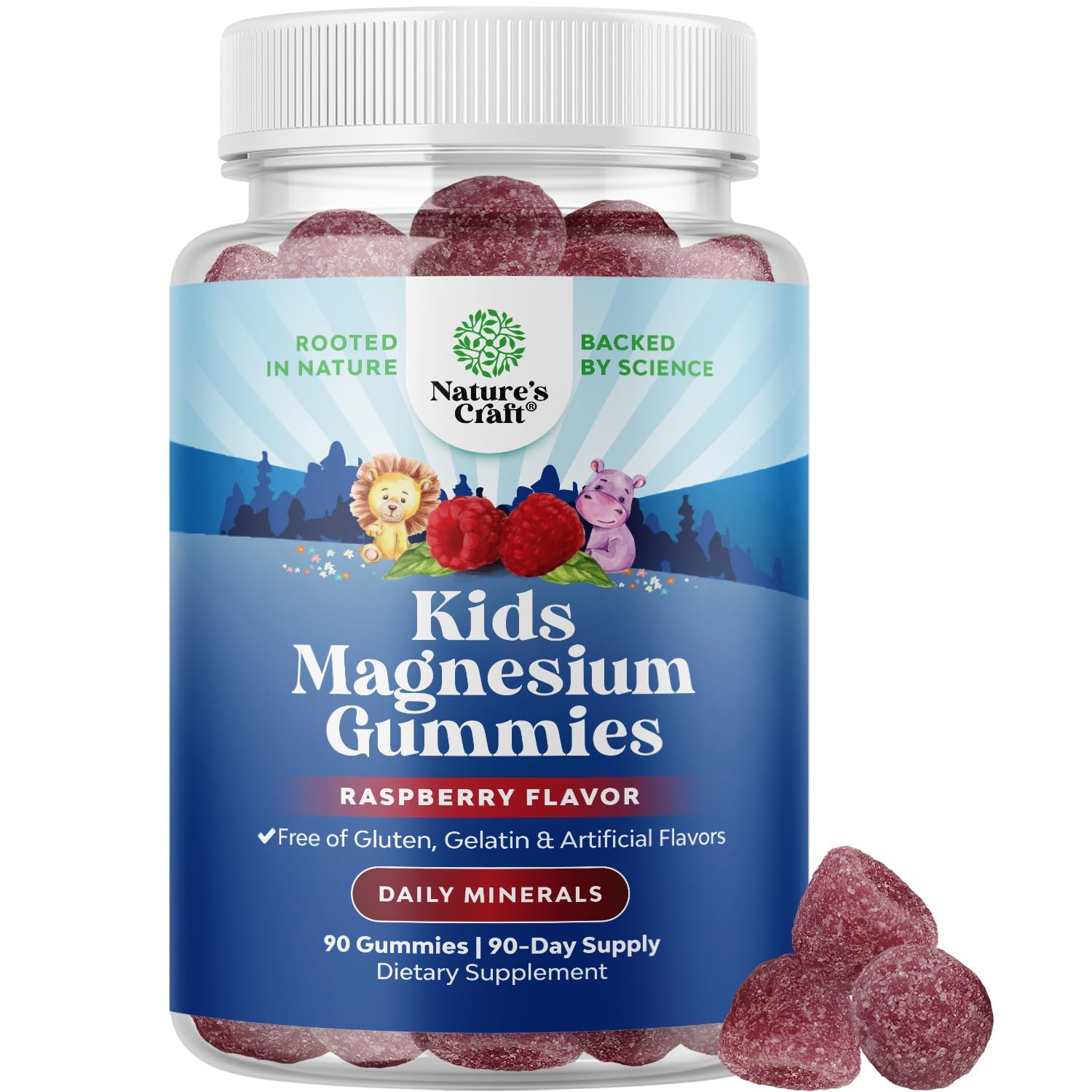Gommes magnésium Natures Craft framboise pour enfants, saveur appréciée et soutien potentiel au calme.