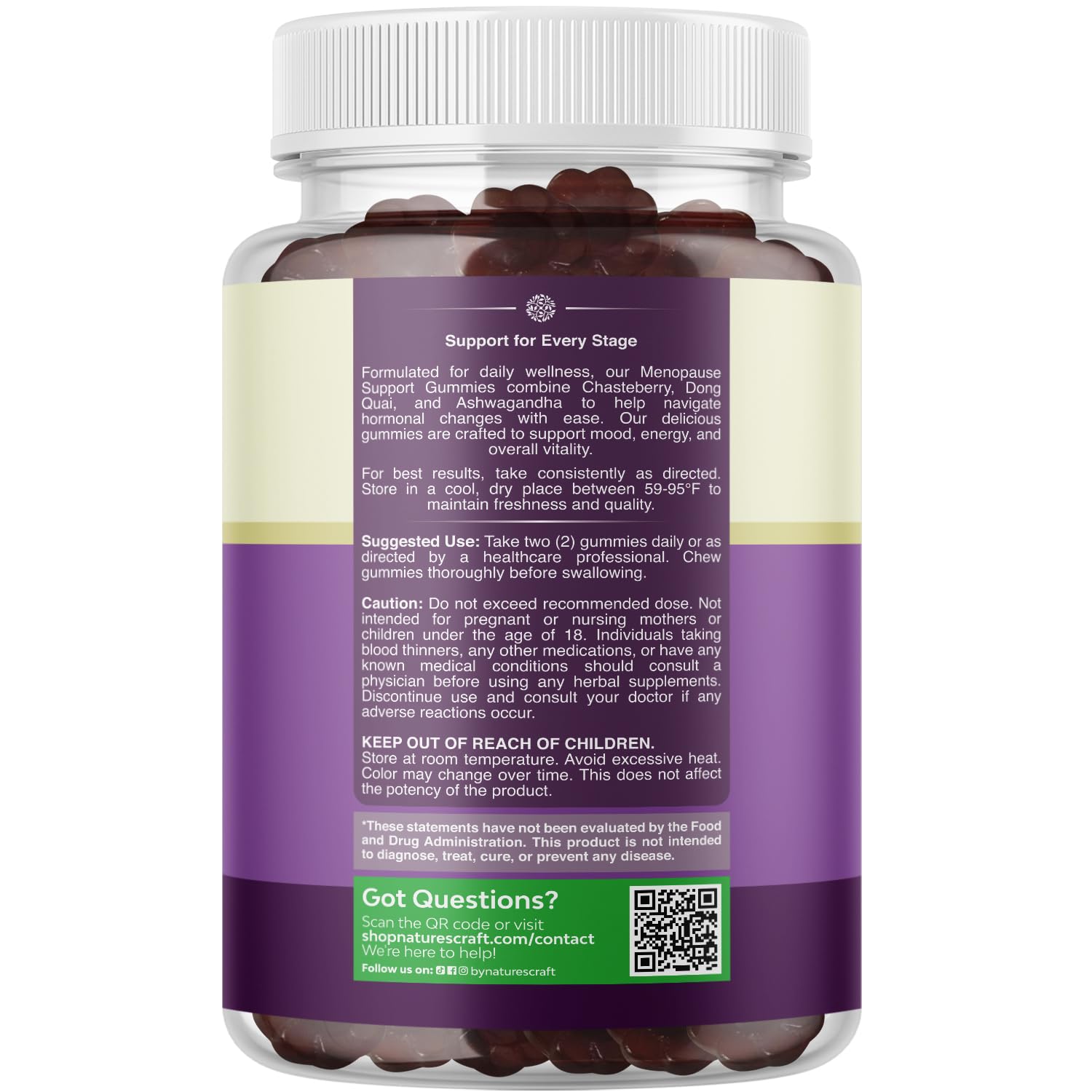 Gommes ménopause Natures Craft – Ashwagandha, gros plan sur la texture et le confort.