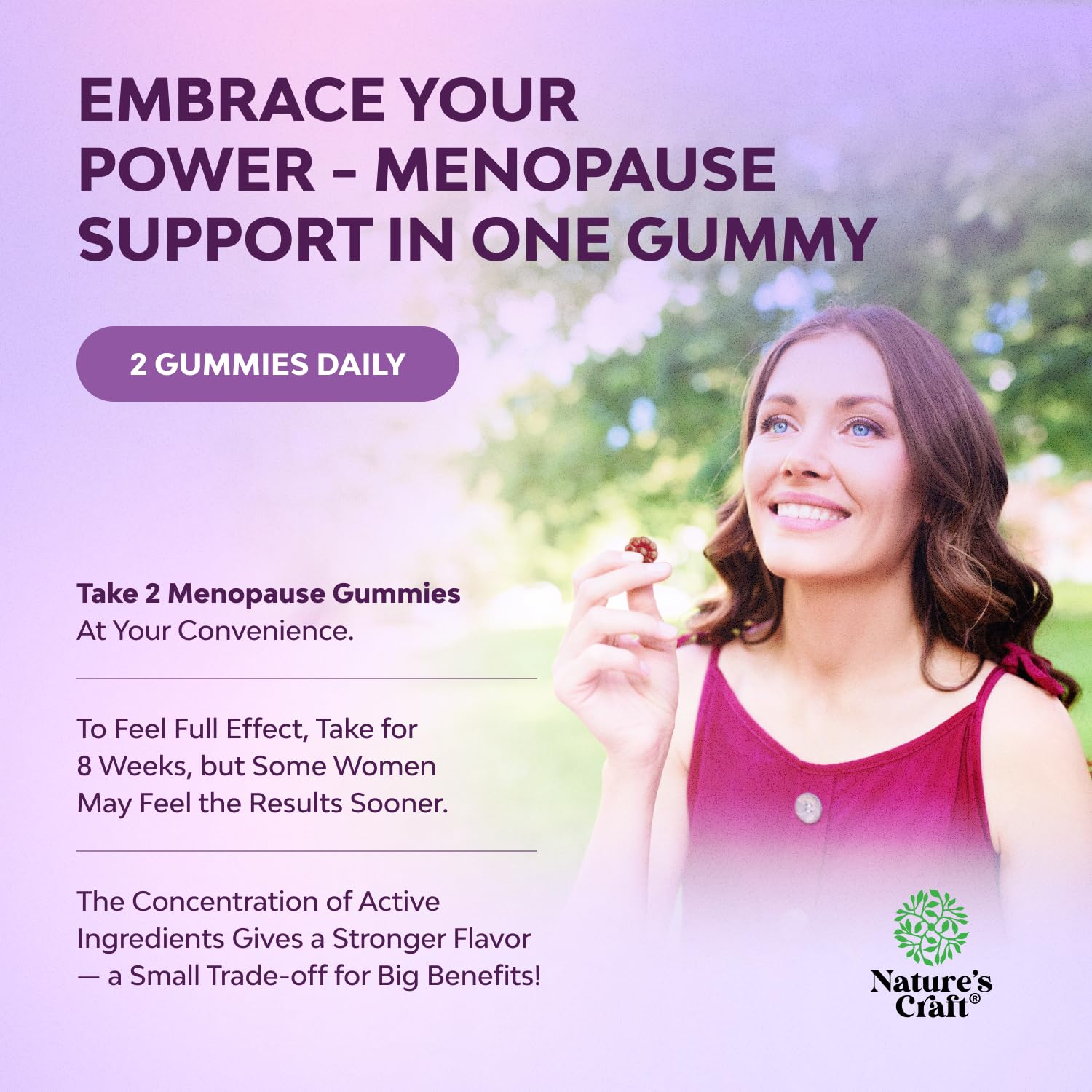 Gommes ménopause Natures Craft – Étiquette végane et sans gluten, choix sain.