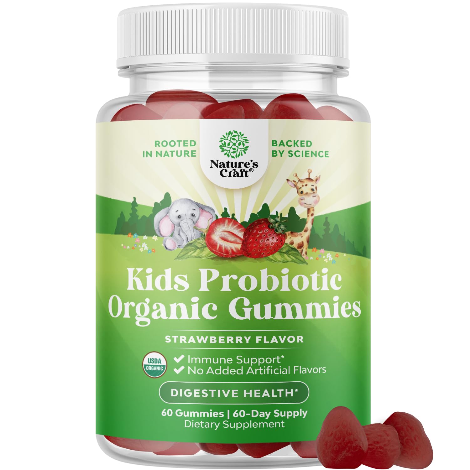Gommes probiotiques Natures Craft en bouteille, soutien digestif.