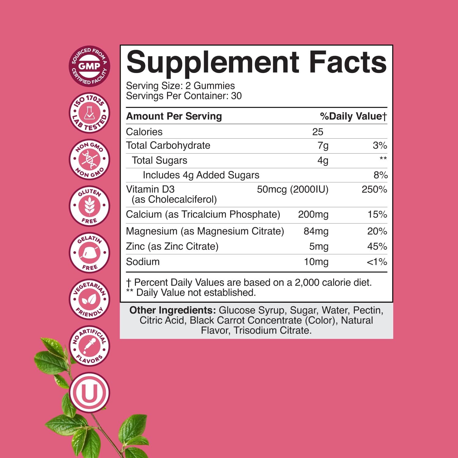 Gommes Natures Craft avec vitamine D3 pour l’absorption du calcium et la santé bucco-dentale.