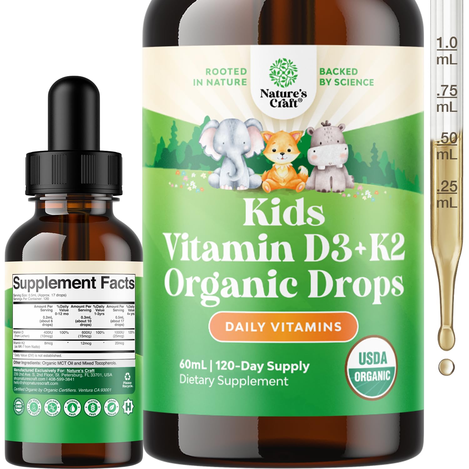 Gouttes D3 K2 Natures Craft pour enfants, bouteille 60 ml, soutien croissance osseuse.