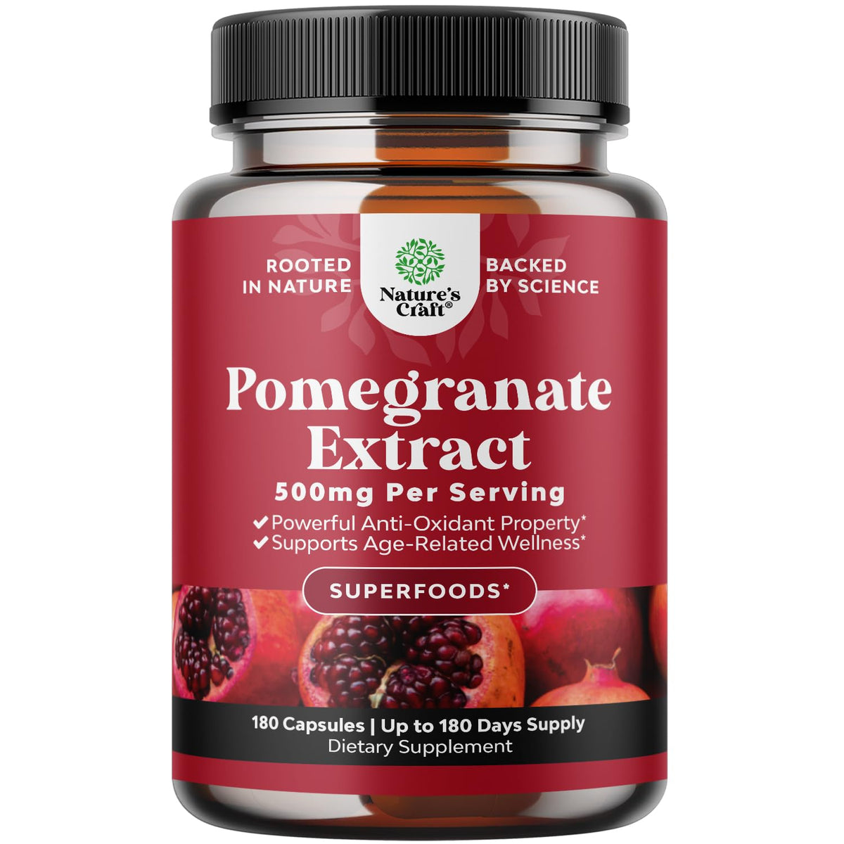 Natures Craft Grenade en capsules, bouteille visible, antioxydants potentiels.
