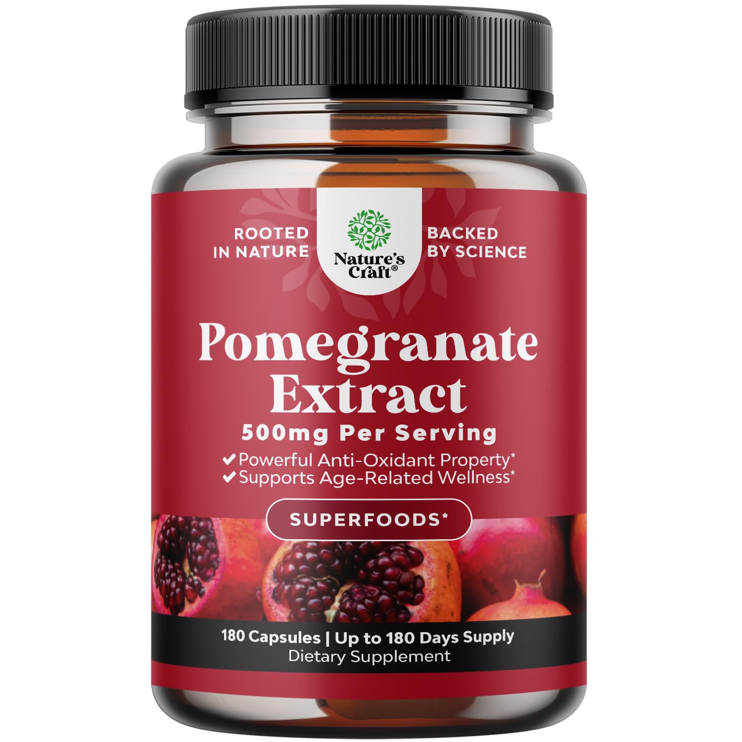 Natures Craft Grenade en capsules, bouteille visible, antioxydants potentiels.