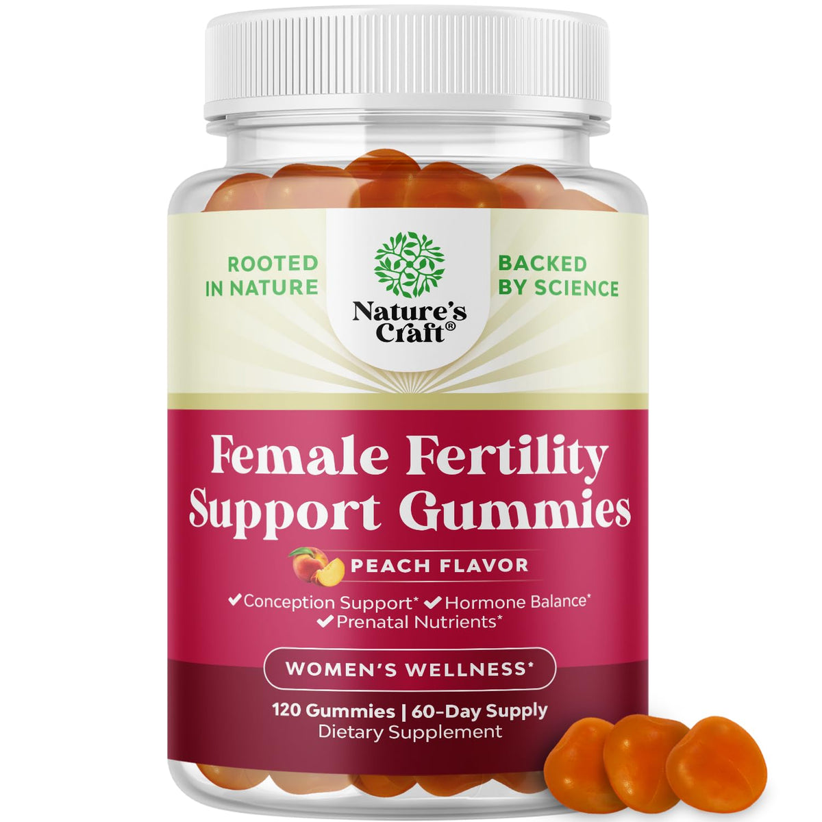 Gummies Fertilité pêche de Natures Craft dans une bouteille, parfait pour démarrer une routine bien-être.