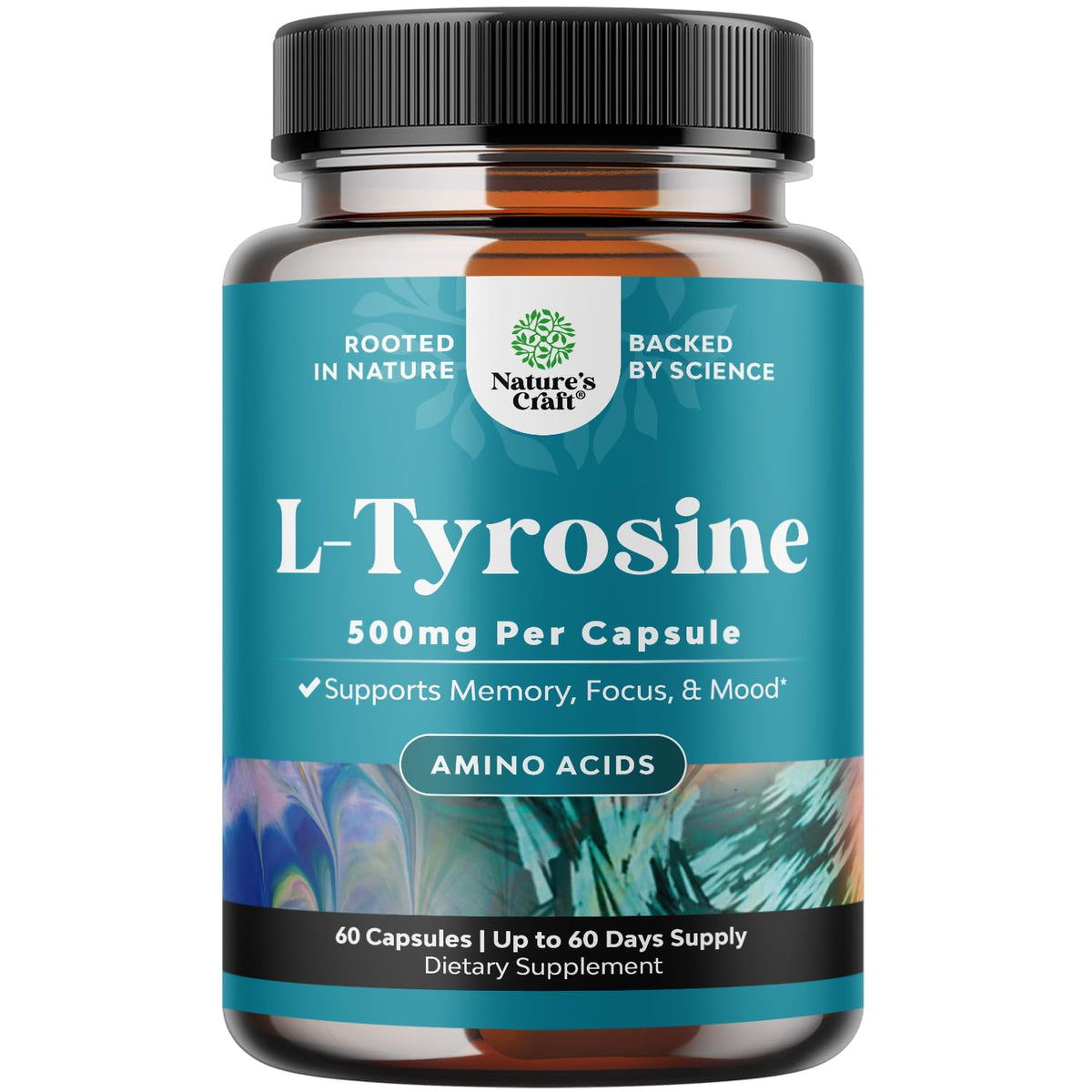 Natures Craft L-Tyrosine 500mg, bouteille en évidence, énergie mentale potentielle et concentration.