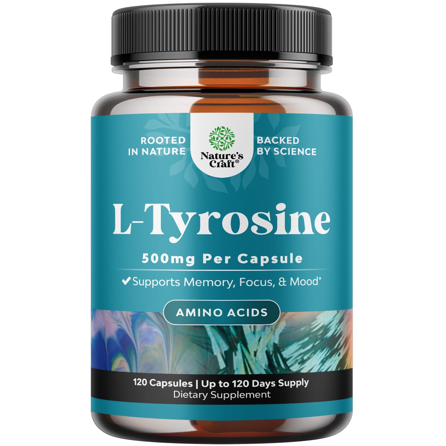 Natures Craft L-Tyrosine 500mg: bouteille visible, soutien potentiel concentration et énergie