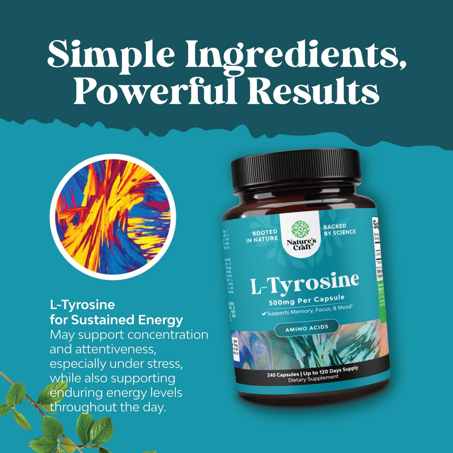 Natures Craft L‑Tyrosine, bouchon sécurisé et facilité d’ouverture.