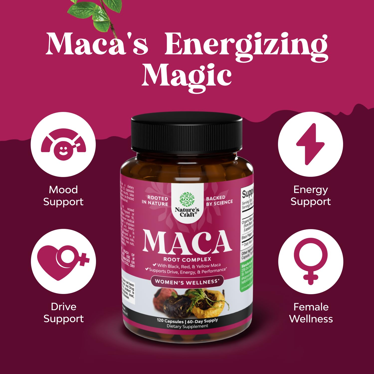 Natures Craft Maca Femmes, étiquette sans OGM: assurance qualité et pureté.