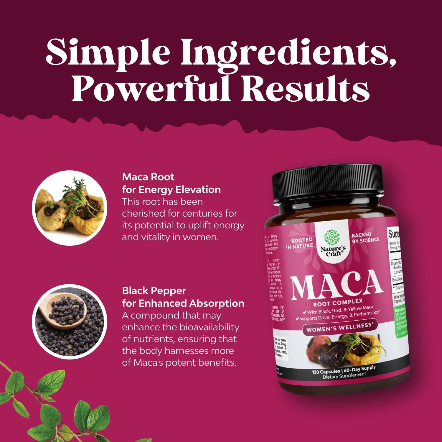 Natures Craft Maca Femmes, symbole végan: choix sain sans produits animaux.
