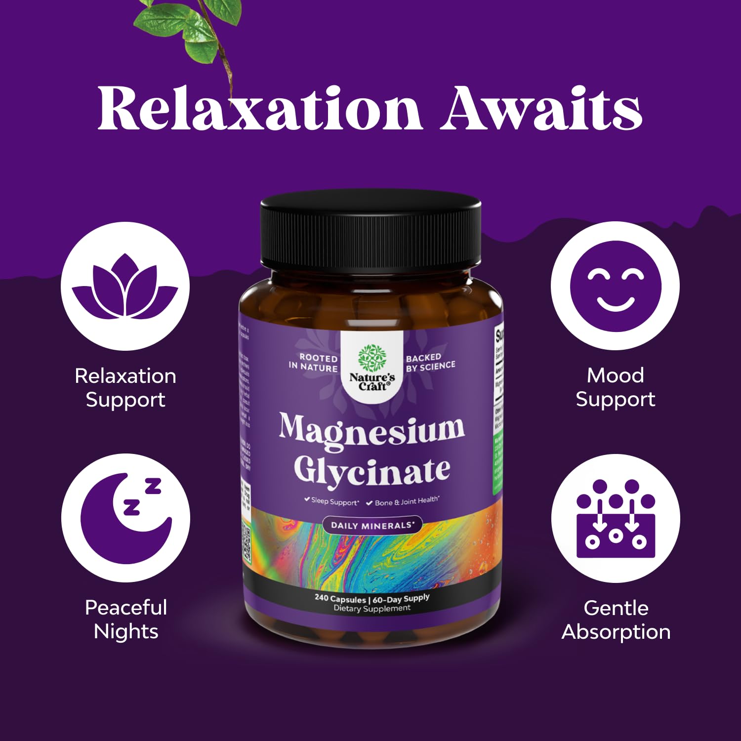 Capsules végétales de Magnésium Glycinate par Natures Craft pour une absorption facile