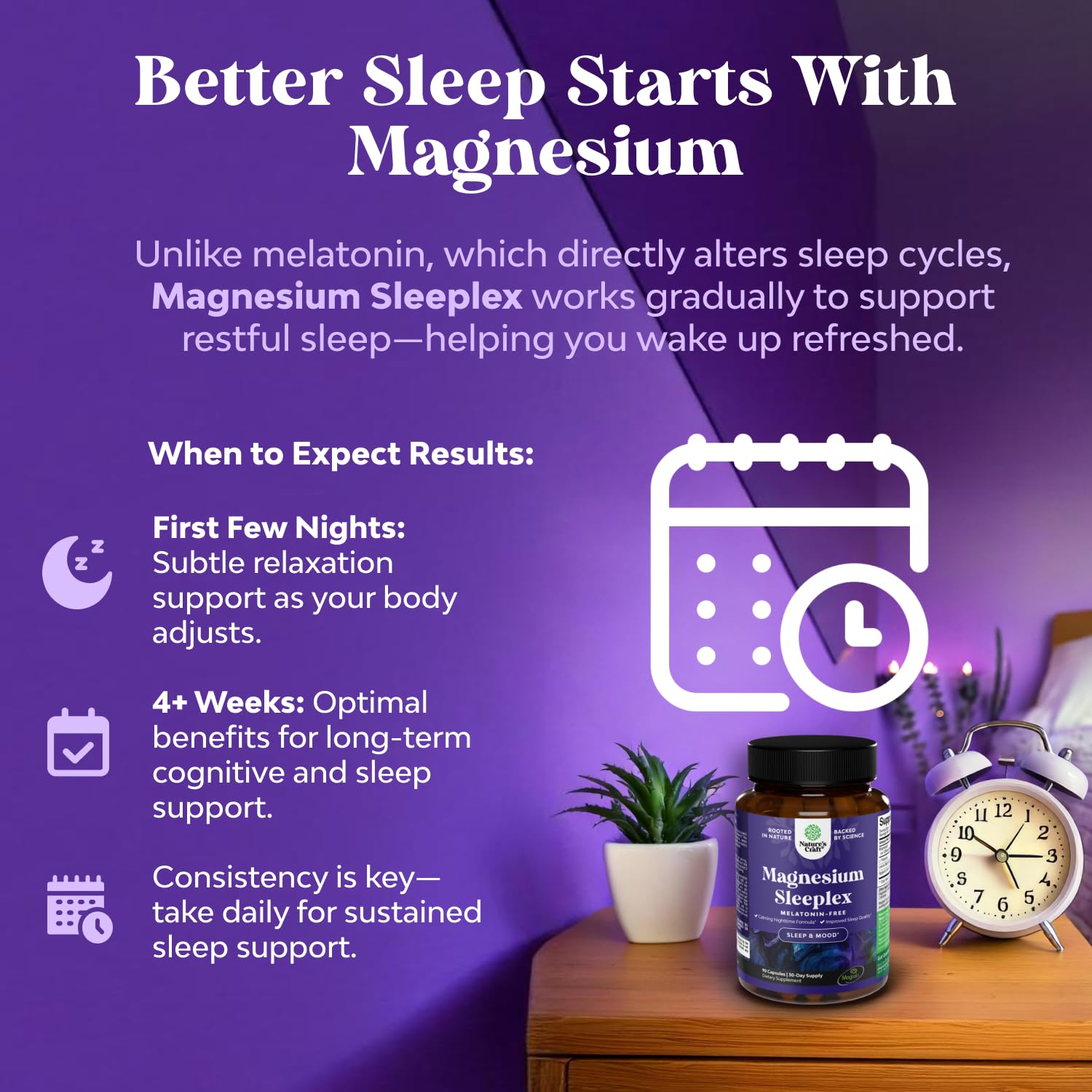 Natures Craft Magnesium Sommeil — étiquette claire indiquant les ingrédients et les conseils d’utilisation