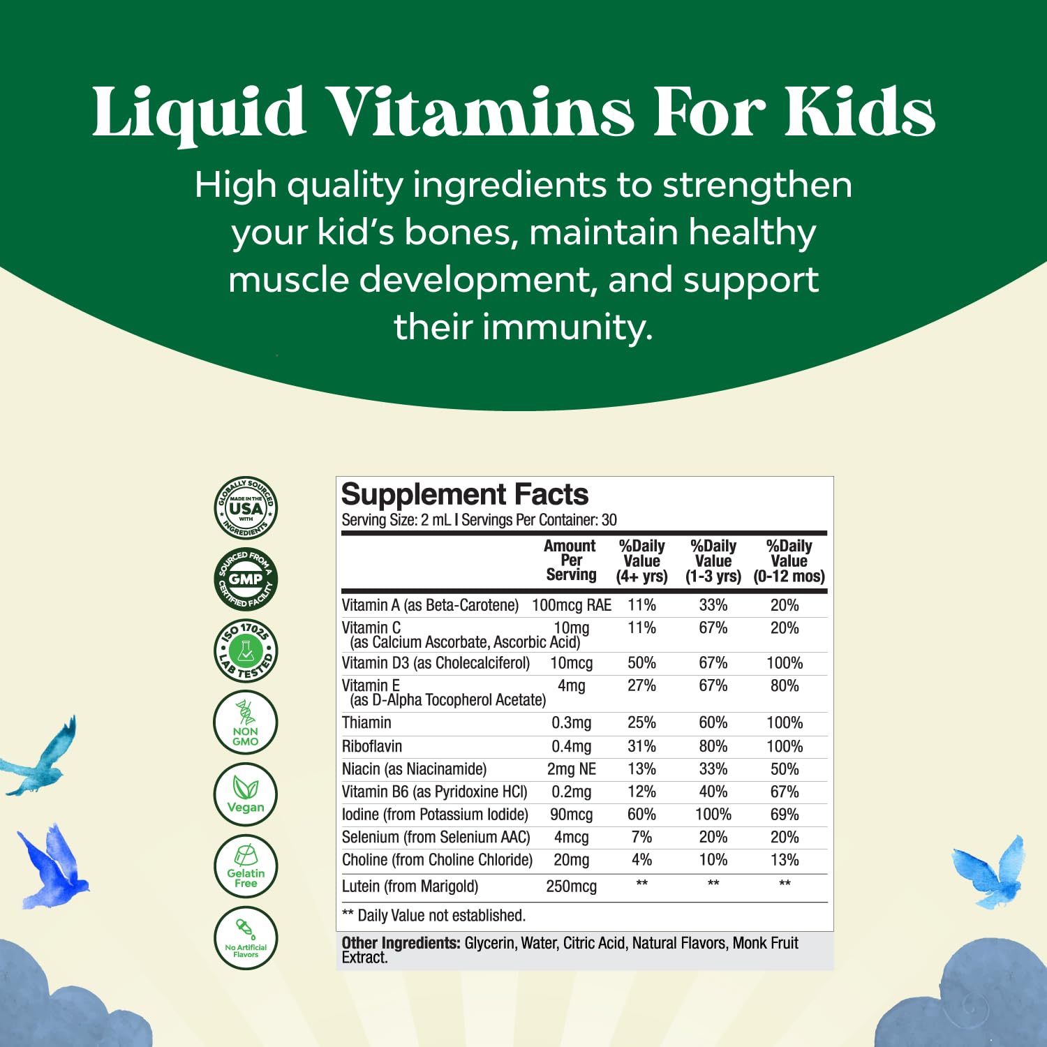 Natures Craft multivitamine liquide enfants avec pipette pour dosages précis.