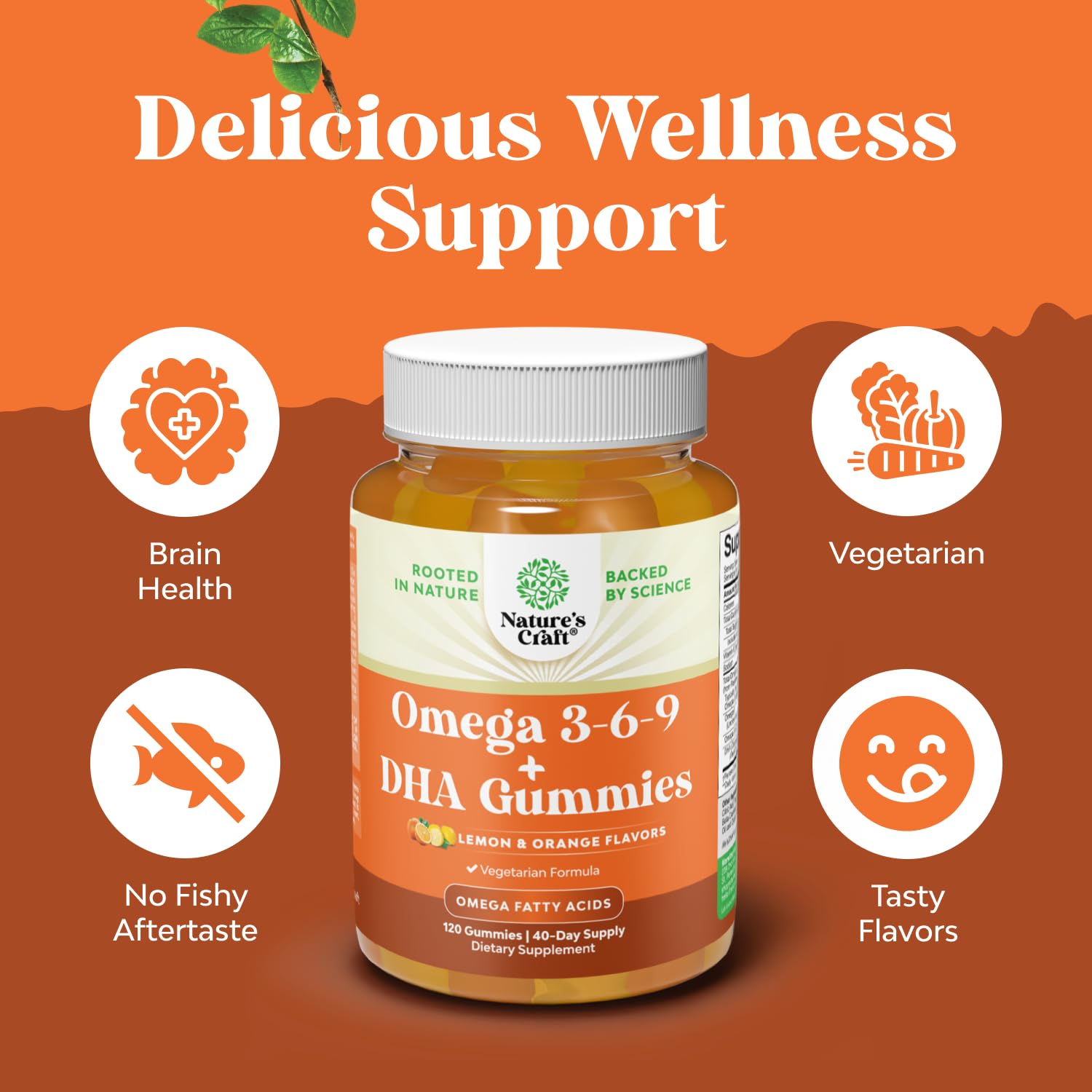 Nature's Craft Omega 3 Gummies - emballage vert, présentation compacte