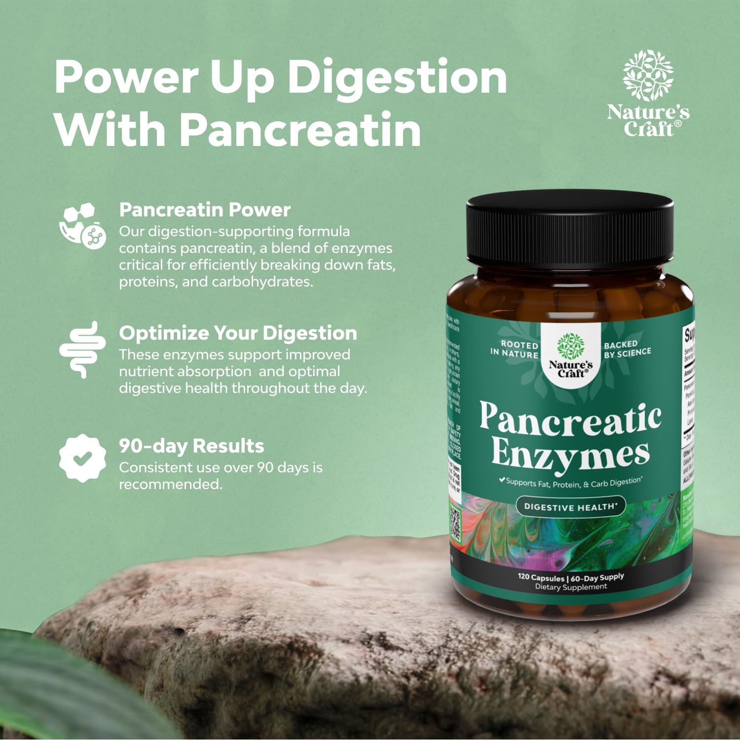 Natures Craft Pancreatin: étiquette et emballage, ingrédients non OGM et traçabilité assurée.