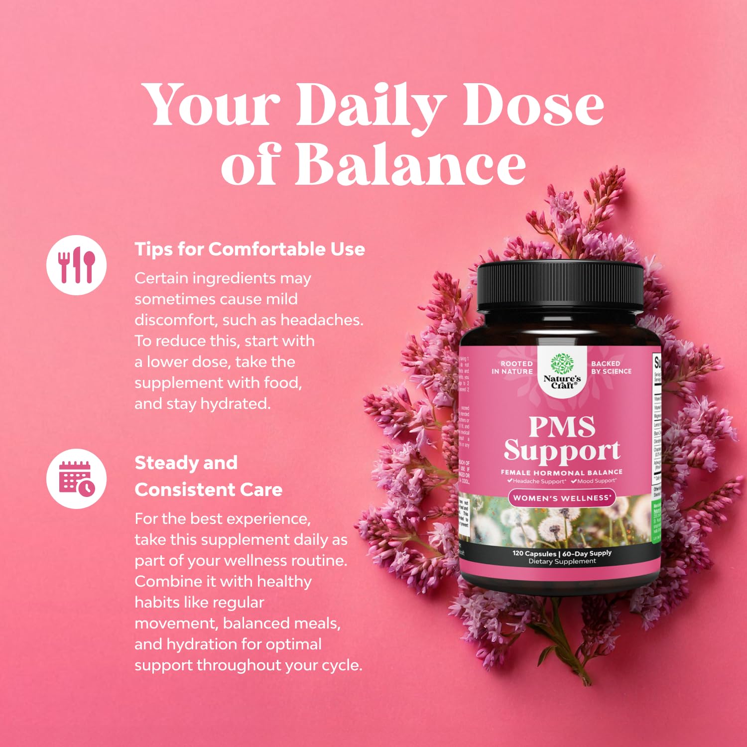 Natures Craft – gelules en gros plan montrant le dosage quotidien.