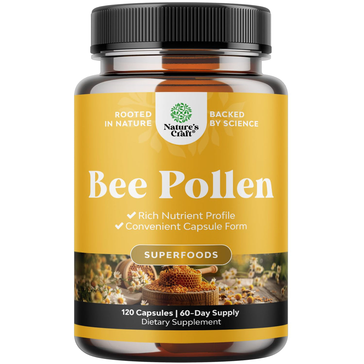 Nature's Craft pollen d’abeille capsules-bouteille, énergie potentielle et bien-être au quotidien.