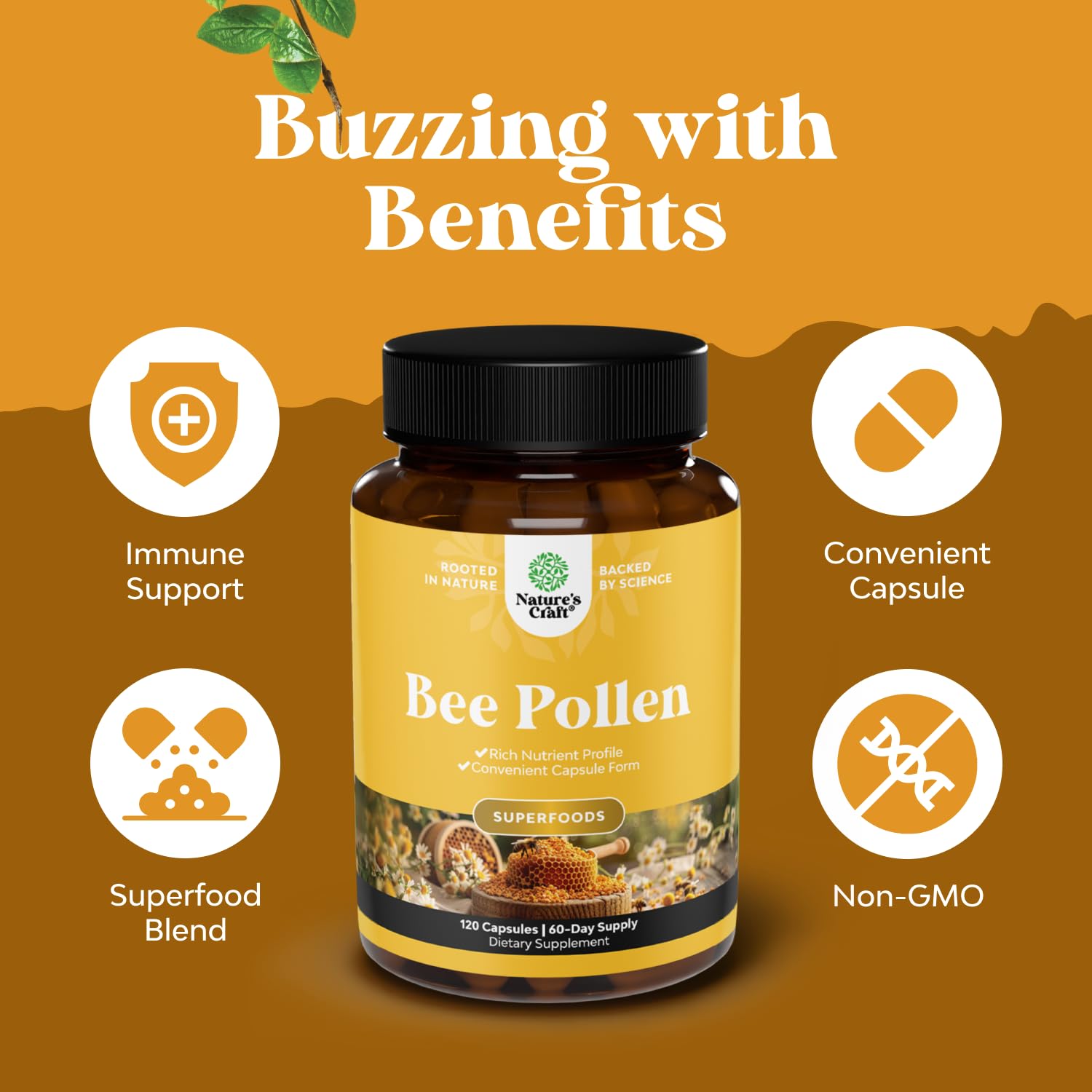 Nature's Craft pollen d’abeille emballage-boite, emballage soigné et informatif.