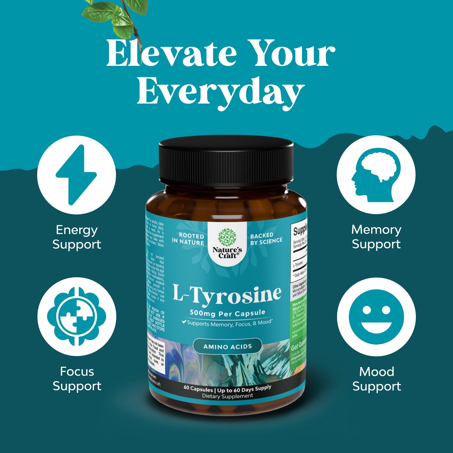Natures Craft capsules L-Tyrosine 500mg, prise facile dans la routine quotidienne.