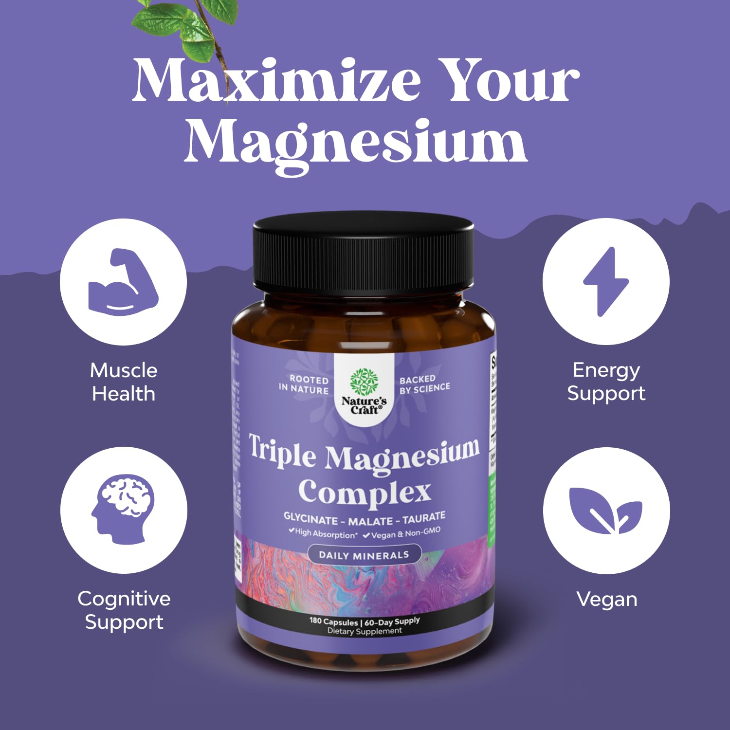 Natures Craft Triple Magnésium Complex – boite 180 gélules, format pratique.