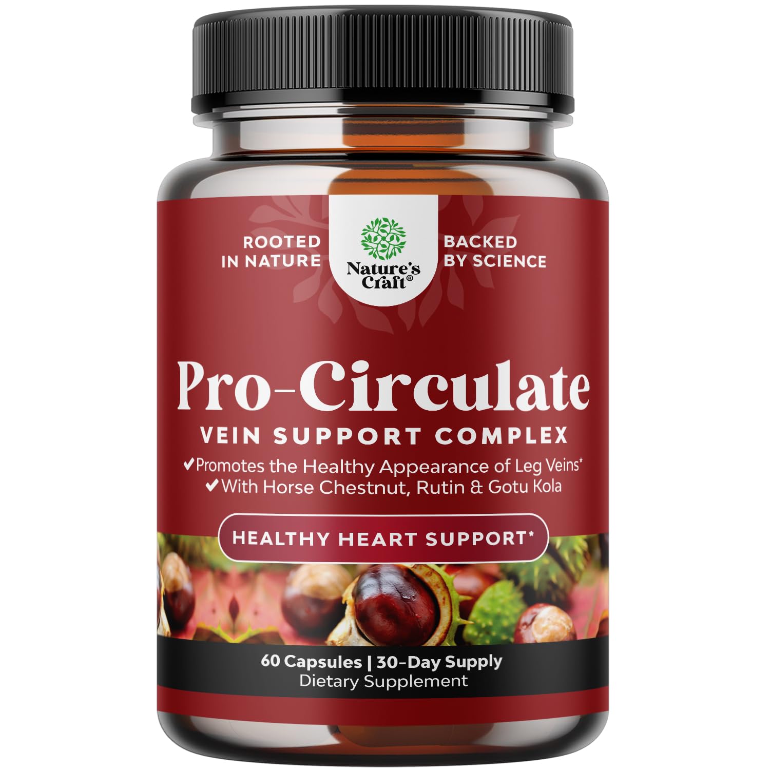 Natures Craft Vein Support - bouteille montrant la formule végétale pour favoriser une meilleure circulation.