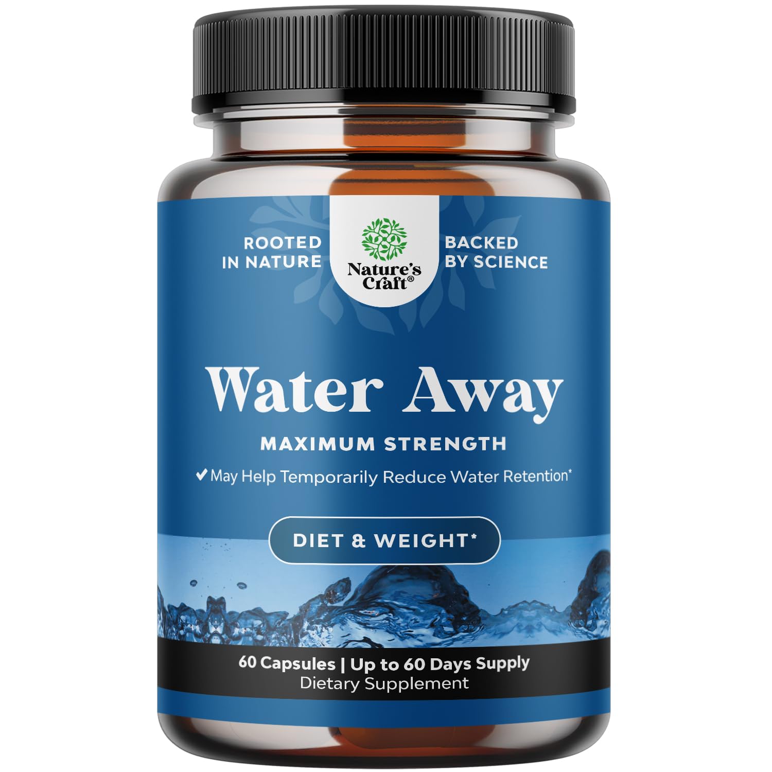 Natures Craft Water Away : capsules visibles dans la bouteille, soutien potentiel contre la rétention d’eau.