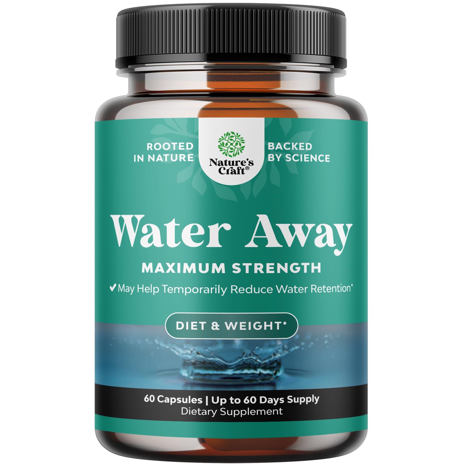 Natures Craft Water Away - bouteille visible sur plan de travail, relief possible des ballonnements.